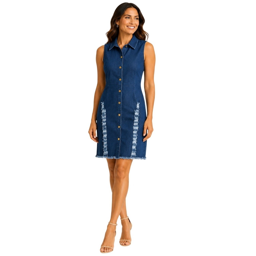 Denim Button Down Dress Womens XL Blue Distressed Frayed‎ Sleeveless